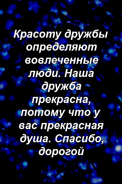 Красоту дружбы определяют вовлеченные люди. Наша дружба прекрасна, потому что у вас прекрасная душа. Спасибо, дорогой