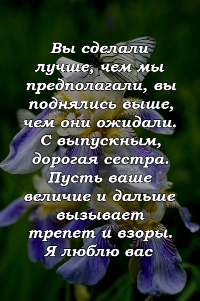 Вы сделали лучше, чем мы предполагали, вы поднялись выше, чем они ожидали. С выпускным, дорогая сестра. Пусть ваше величие и дальше вызывает трепет и взоры. Я люблю вас