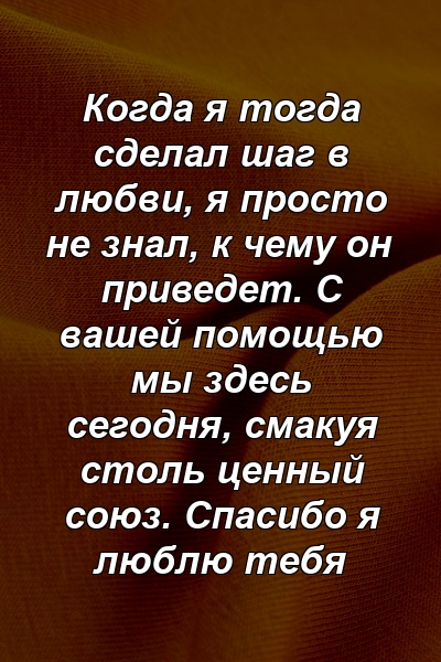 Когда я тогда сделал шаг в любви, я просто не знал, к чему он приведет. С вашей помощью мы здесь сегодня, смакуя столь ценный союз. Спасибо я люблю тебя