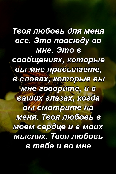 Твоя любовь для меня все. Это повсюду во мне. Это в сообщениях, которые вы мне присылаете, в словах, которые вы мне говорите, и в ваших глазах, когда вы смотрите на меня. Твоя любовь в моем сердце и в моих мыслях. Твоя любовь в тебе и во мне