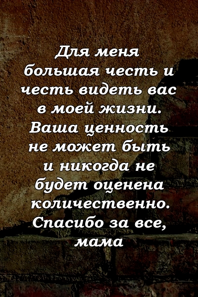 Для меня большая честь и честь видеть вас в моей жизни. Ваша ценность не может быть и никогда не будет оценена количественно. Спасибо за все, мама