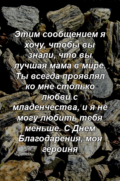 Этим сообщением я хочу, чтобы вы знали, что вы лучшая мама в мире. Ты всегда проявлял ко мне столько любви с младенчества, и я не могу любить тебя меньше. С Днем Благодарения, моя героиня