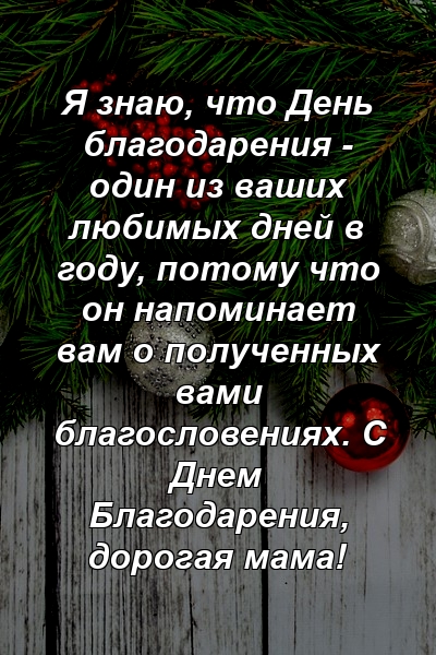 Я знаю, что День благодарения - один из ваших любимых дней в году, потому что он напоминает вам о полученных вами благословениях. С Днем Благодарения, дорогая мама!