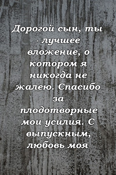 Дорогой сын, ты - лучшее вложение, о котором я никогда не жалею. Спасибо за плодотворные мои усилия. С выпускным, любовь моя