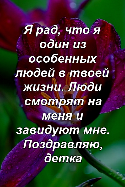 Я рад, что я один из особенных людей в твоей жизни. Люди смотрят на меня и завидуют мне. Поздравляю, детка