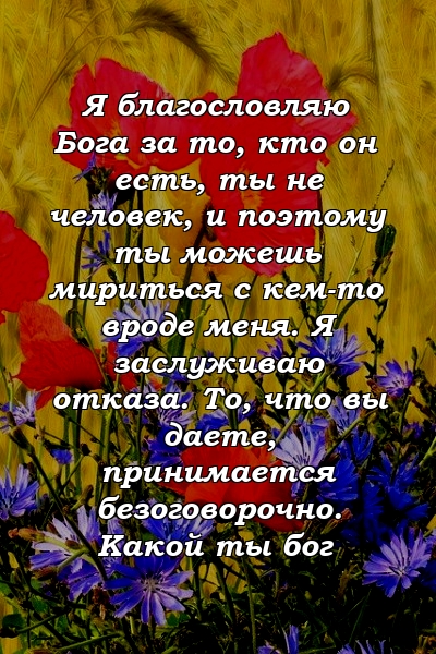 Я благословляю Бога за то, кто он есть, ты не человек, и поэтому ты можешь мириться с кем-то вроде меня. Я заслуживаю отказа. То, что вы даете, принимается безоговорочно. Какой ты бог