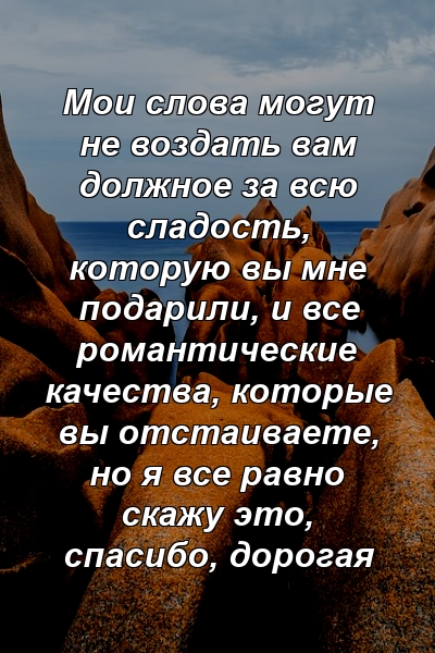 Мои слова могут не воздать вам должное за всю сладость, которую вы мне подарили, и все романтические качества, которые вы отстаиваете, но я все равно скажу это, спасибо, дорогая