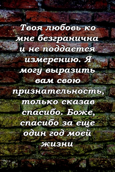 Твоя любовь ко мне безгранична и не поддается измерению. Я могу выразить вам свою признательность, только сказав спасибо. Боже, спасибо за еще один год моей жизни