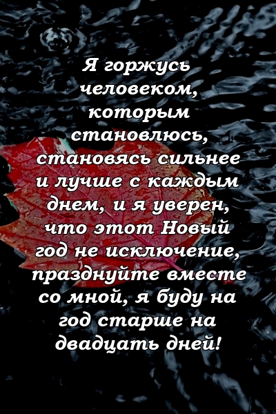 Я горжусь человеком, которым становлюсь, становясь сильнее и лучше с каждым днем, и я уверен, что этот Новый год не исключение, празднуйте вместе со мной, я буду на год старше на двадцать дней!