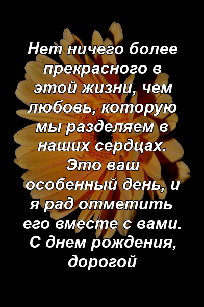 Нет ничего более прекрасного в этой жизни, чем любовь, которую мы разделяем в наших сердцах. Это ваш особенный день, и я рад отметить его вместе с вами. С днем ​​рождения, дорогой