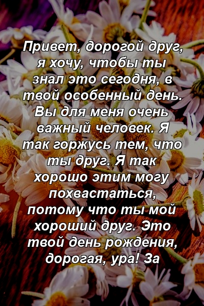 Привет, дорогой друг, я хочу, чтобы ты знал это сегодня, в твой особенный день. Вы для меня очень важный человек. Я так горжусь тем, что ты друг. Я так хорошо этим могу похвастаться, потому что ты мой хороший друг. Это твой день рождения, дорогая, ура! За