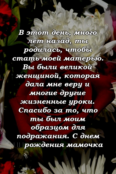 В этот день, много лет назад, ты родилась, чтобы стать моей матерью. Вы были великой женщиной, которая дала мне веру и многие другие жизненные уроки. Спасибо за то, что ты был моим образцом для подражания. С днем ​​рождения мамочка