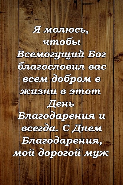 Я молюсь, чтобы Всемогущий Бог благословил вас всем добром в жизни в этот День Благодарения и всегда. С Днем Благодарения, мой дорогой муж