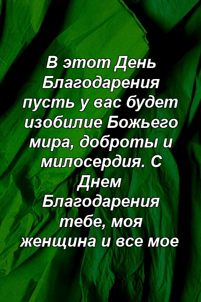 В этот День Благодарения пусть у вас будет изобилие Божьего мира, доброты и милосердия. С Днем Благодарения тебе, моя женщина и все мое