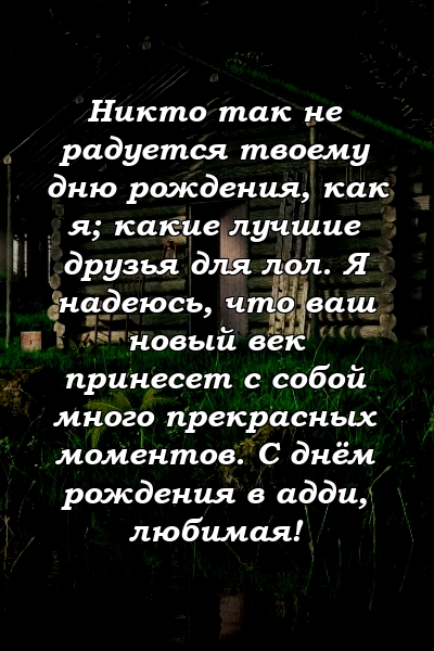 Никто так не радуется твоему дню рождения, как я; какие лучшие друзья для лол. Я надеюсь, что ваш новый век принесет с собой много прекрасных моментов. С днём рождения в адди, любимая!