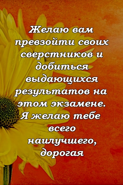 Желаю вам превзойти своих сверстников и добиться выдающихся результатов на этом экзамене. Я желаю тебе всего наилучшего, дорогая