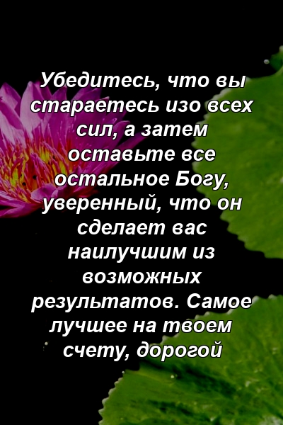 Убедитесь, что вы стараетесь изо всех сил, а затем оставьте все остальное Богу, уверенный, что он сделает вас наилучшим из возможных результатов. Самое лучшее на твоем счету, дорогой