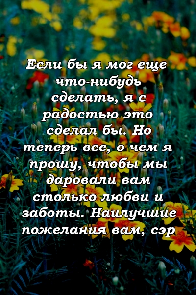 Если бы я мог еще что-нибудь сделать, я с радостью это сделал бы. Но теперь все, о чем я прошу, чтобы мы даровали вам столько любви и заботы. Наилучшие пожелания вам, сэр