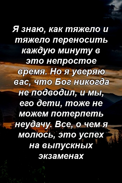 Я знаю, как тяжело и тяжело переносить каждую минуту в это непростое время. Но я уверяю вас, что Бог никогда не подводил, и мы, его дети, тоже не можем потерпеть неудачу. Все, о чем я молюсь, это успех на выпускных экзаменах