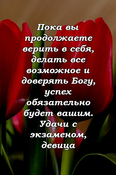 Пока вы продолжаете верить в себя, делать все возможное и доверять Богу, успех обязательно будет вашим. Удачи с экзаменом, девица