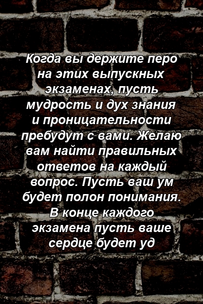 Когда вы держите перо на этих выпускных экзаменах, пусть мудрость и дух знания и проницательности пребудут с вами. Желаю вам найти правильных ответов на каждый вопрос. Пусть ваш ум будет полон понимания. В конце каждого экзамена пусть ваше сердце будет уд