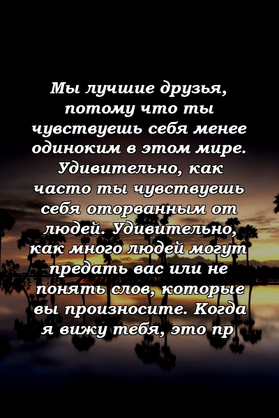 Мы лучшие друзья, потому что ты чувствуешь себя менее одиноким в этом мире. Удивительно, как часто ты чувствуешь себя оторванным от людей. Удивительно, как много людей могут предать вас или не понять слов, которые вы произносите. Когда я вижу тебя, это пр