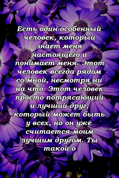 Есть один особенный человек, который знает меня настоящего и понимает меня. Этот человек всегда рядом со мной, несмотря ни на что. Этот человек просто потрясающий и лучший друг, который может быть у всех, но он уже считается моим лучшим другом. Ты такой о