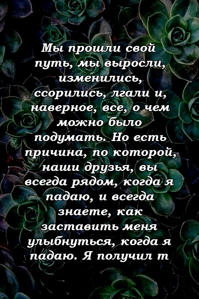 Мы прошли свой путь, мы выросли, изменились, ссорились, лгали и, наверное, все, о чем можно было подумать. Но есть причина, по которой, наши друзья, вы всегда рядом, когда я падаю, и всегда знаете, как заставить меня улыбнуться, когда я падаю. Я получил т