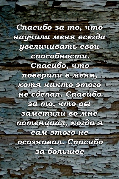 Спасибо за то, что научили меня всегда увеличивать свои способности. Спасибо, что поверили в меня, хотя никто этого не сделал. Спасибо за то, что вы заметили во мне потенциал, когда я сам этого не осознавал. Спасибо за большое