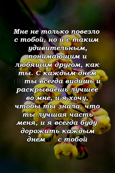 Мне не только повезло с тобой, но и с таким удивительным, понимающим и любящим другом, как ты. С каждым днем ​​ты всегда видишь и раскрываешь лучшее во мне, и я хочу, чтобы ты знала, что ты лучшая часть меня, и я всегда буду дорожить каждым днем ​​с тобой