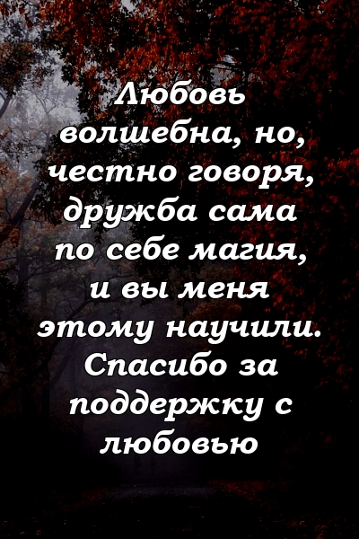 Любовь волшебна, но, честно говоря, дружба сама по себе магия, и вы меня этому научили. Спасибо за поддержку с любовью