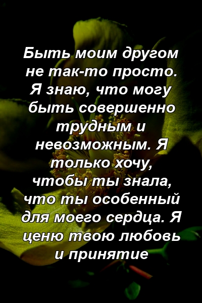 Быть моим другом не так-то просто. Я знаю, что могу быть совершенно трудным и невозможным. Я только хочу, чтобы ты знала, что ты особенный для моего сердца. Я ценю твою любовь и принятие