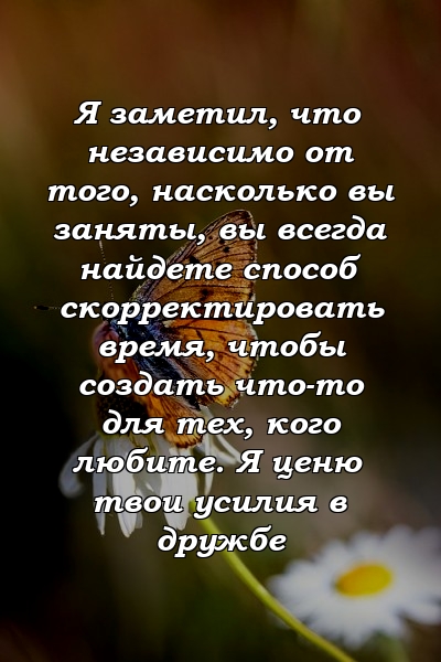 Я заметил, что независимо от того, насколько вы заняты, вы всегда найдете способ скорректировать время, чтобы создать что-то для тех, кого любите. Я ценю твои усилия в дружбе