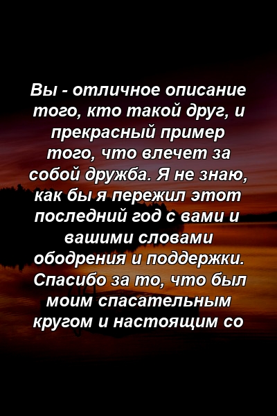 Вы - отличное описание того, кто такой друг, и прекрасный пример того, что влечет за собой дружба. Я не знаю, как бы я пережил этот последний год с вами и вашими словами ободрения и поддержки. Спасибо за то, что был моим спасательным кругом и настоящим со