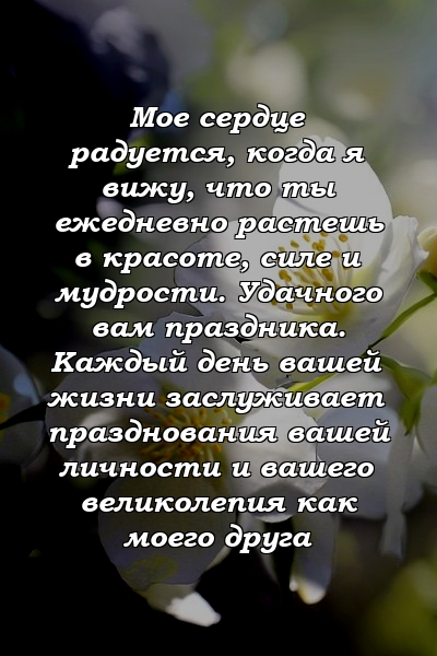 Мое сердце радуется, когда я вижу, что ты ежедневно растешь в красоте, силе и мудрости. Удачного вам праздника. Каждый день вашей жизни заслуживает празднования вашей личности и вашего великолепия как моего друга