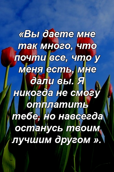 «Вы даете мне так много, что почти все, что у меня есть, мне дали вы. Я никогда не смогу отплатить тебе, но навсегда останусь твоим лучшим другом ».