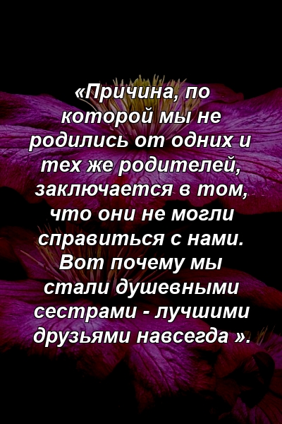 «Причина, по которой мы не родились от одних и тех же родителей, заключается в том, что они не могли справиться с нами. Вот почему мы стали душевными сестрами - лучшими друзьями навсегда ».