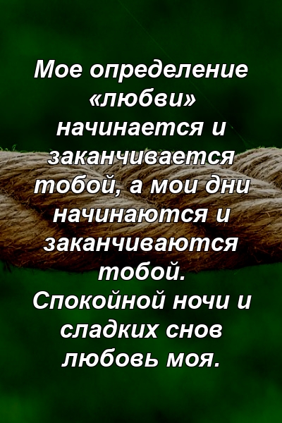 Мое определение «любви» начинается и заканчивается тобой, а мои дни начинаются и заканчиваются тобой. Спокойной ночи и сладких снов любовь моя.