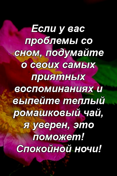 Если у вас проблемы со сном, подумайте о своих самых приятных воспоминаниях и выпейте теплый ромашковый чай, я уверен, это поможет! Спокойной ночи!