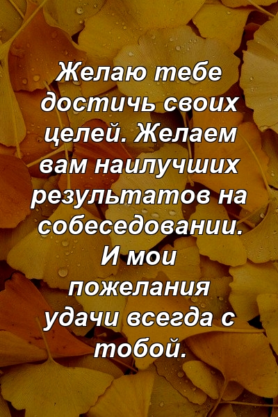 Желаю тебе достичь своих целей. Желаем вам наилучших результатов на собеседовании. И мои пожелания удачи всегда с тобой.