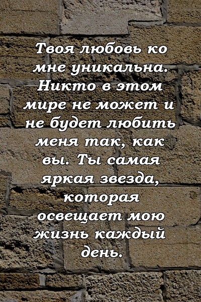 Твоя любовь ко мне уникальна. Никто в этом мире не может и не будет любить меня так, как вы. Ты самая яркая звезда, которая освещает мою жизнь каждый день.