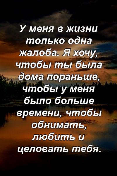 У меня в жизни только одна жалоба. Я хочу, чтобы ты была дома пораньше, чтобы у меня было больше времени, чтобы обнимать, любить и целовать тебя.