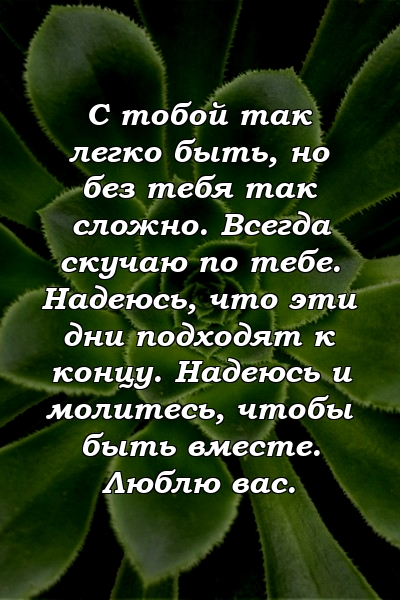 С тобой так легко быть, но без тебя так сложно. Всегда скучаю по тебе. Надеюсь, что эти дни подходят к концу. Надеюсь и молитесь, чтобы быть вместе. Люблю вас.