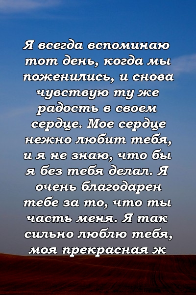 Я всегда вспоминаю тот день, когда мы поженились, и снова чувствую ту же радость в своем сердце. Мое сердце нежно любит тебя, и я не знаю, что бы я без тебя делал. Я очень благодарен тебе за то, что ты часть меня. Я так сильно люблю тебя, моя прекрасная ж