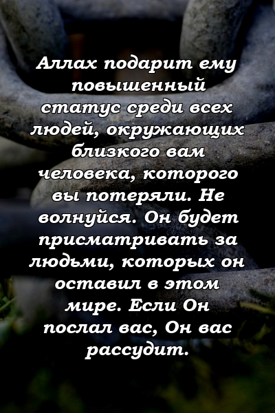 Аллах подарит ему повышенный статус среди всех людей, окружающих близкого вам человека, которого вы потеряли. Не волнуйся. Он будет присматривать за людьми, которых он оставил в этом мире. Если Он послал вас, Он вас рассудит.