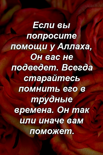 Если вы попросите помощи у Аллаха, Он вас не подведет. Всегда старайтесь помнить его в трудные времена. Он так или иначе вам поможет.