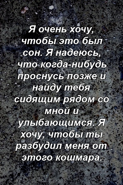 Я очень хочу, чтобы это был сон. Я надеюсь, что когда-нибудь проснусь позже и найду тебя сидящим рядом со мной и улыбающимся. Я хочу, чтобы ты разбудил меня от этого кошмара.