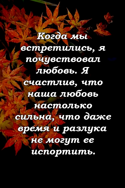 Когда мы встретились, я почувствовал любовь. Я счастлив, что наша любовь настолько сильна, что даже время и разлука не могут ее испортить.