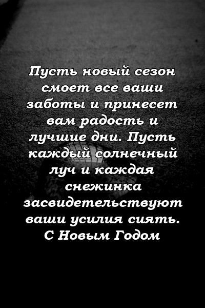 Пусть новый сезон смоет все ваши заботы и принесет вам радость и лучшие дни. Пусть каждый солнечный луч и каждая снежинка засвидетельствуют ваши усилия сиять. С Новым Годом