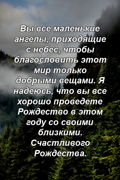 Вы все маленькие ангелы, приходящие с небес, чтобы благословить этот мир только добрыми вещами. Я надеюсь, что вы все хорошо проведете Рождество в этом году со своими близкими. Счастливого Рождества.